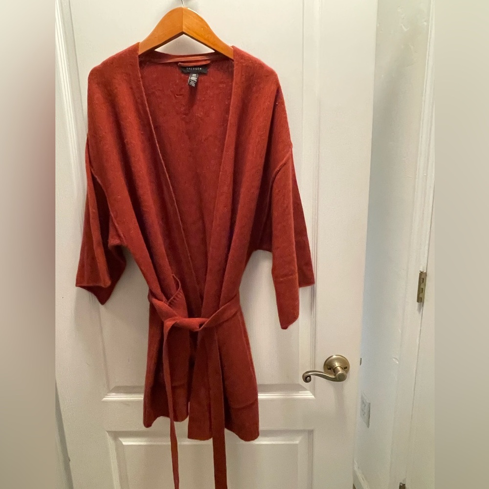 Halogen Cashmere Rust Red Knit Cardigan with Belt